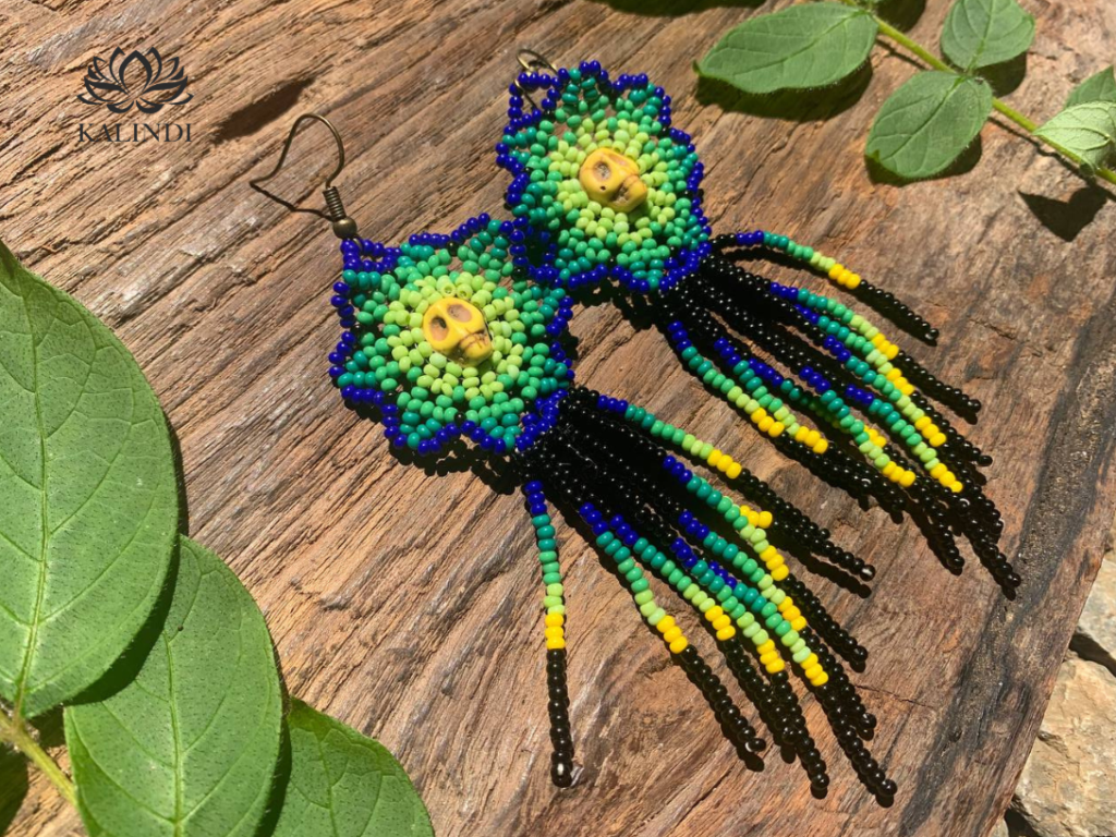 BEADED EARRINGS FLOWERS WITH SKULL STYLE HUICHOL