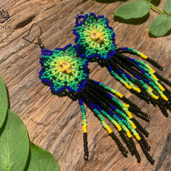 BEADED EARRINGS FLOWERS WITH SKULL STYLE HUICHOL