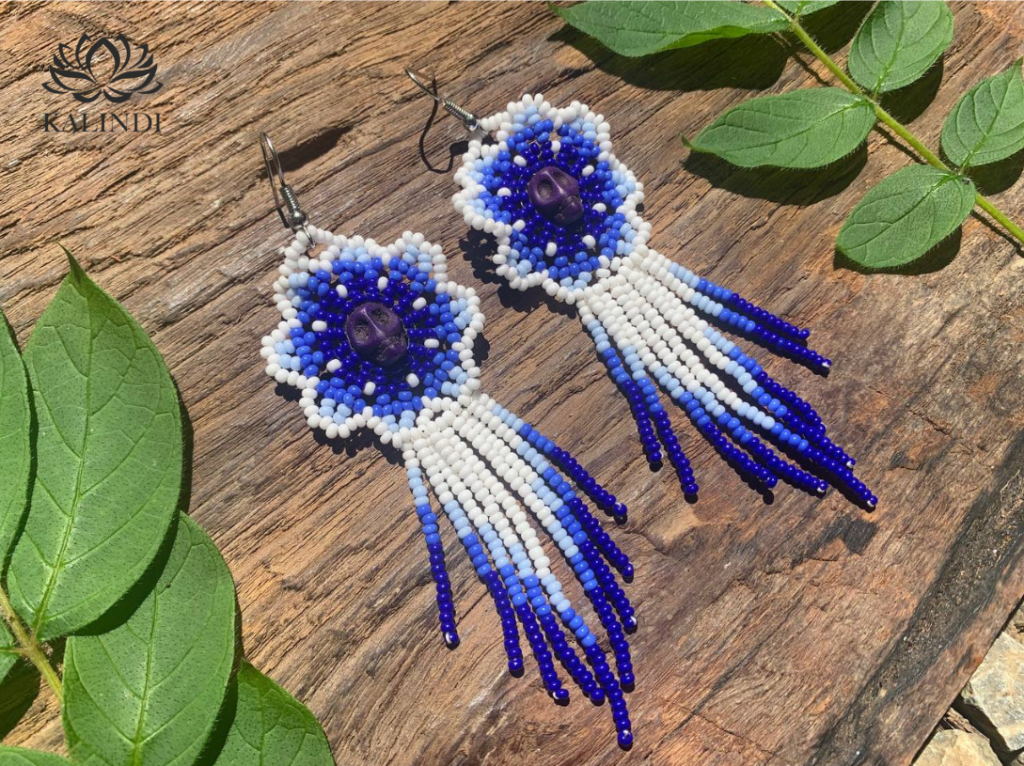 BEADED EARRINGS FLOWERS WITH SKULL STYLE HUICHOL