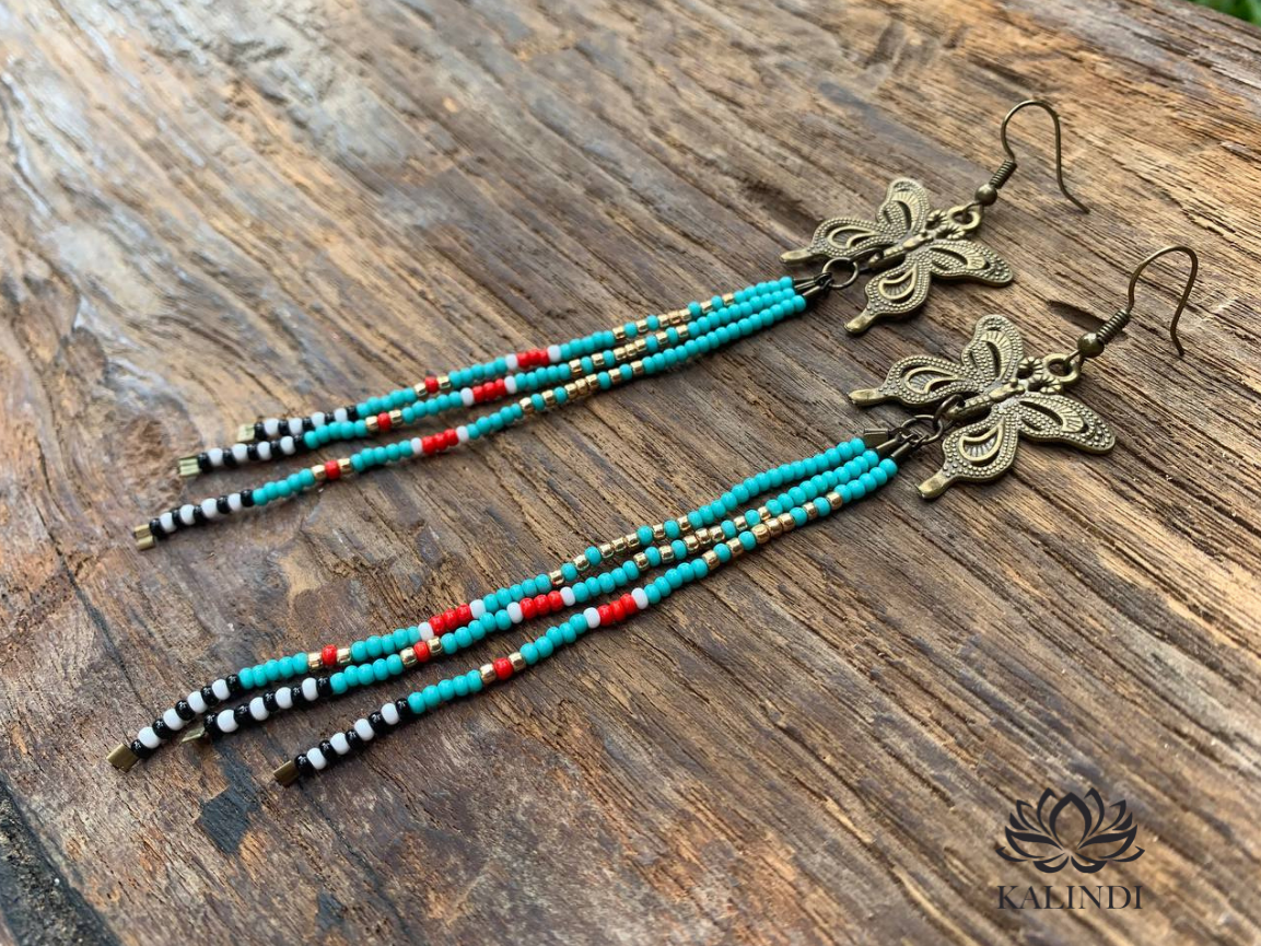 Handmade Beaded Butterfly Tassels Earrings