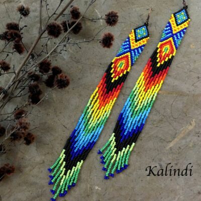 Very long bright handmade beaded earrings