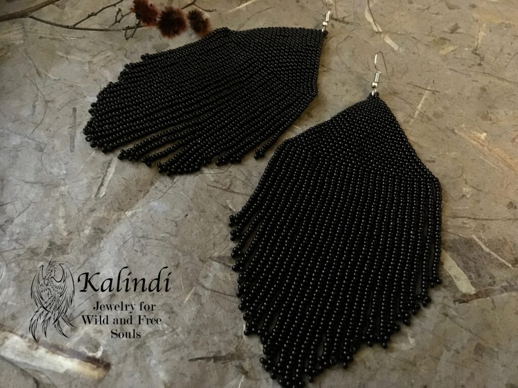 Evening large black beaded earrings