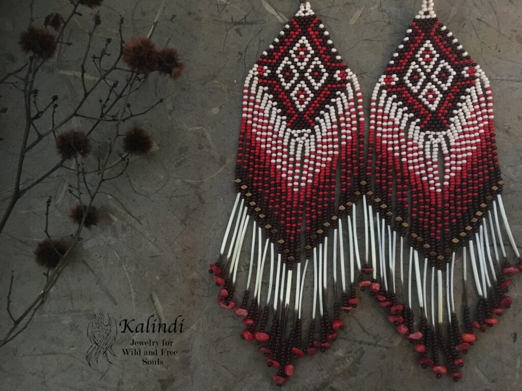 Handmade long earrings with porcupine quills and coral