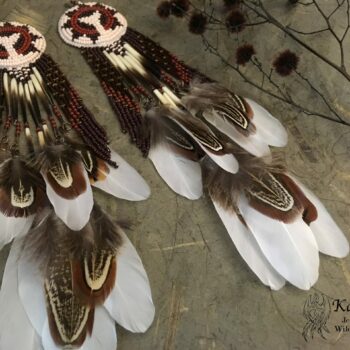 Earrings with handmade bead embroidery with feathers