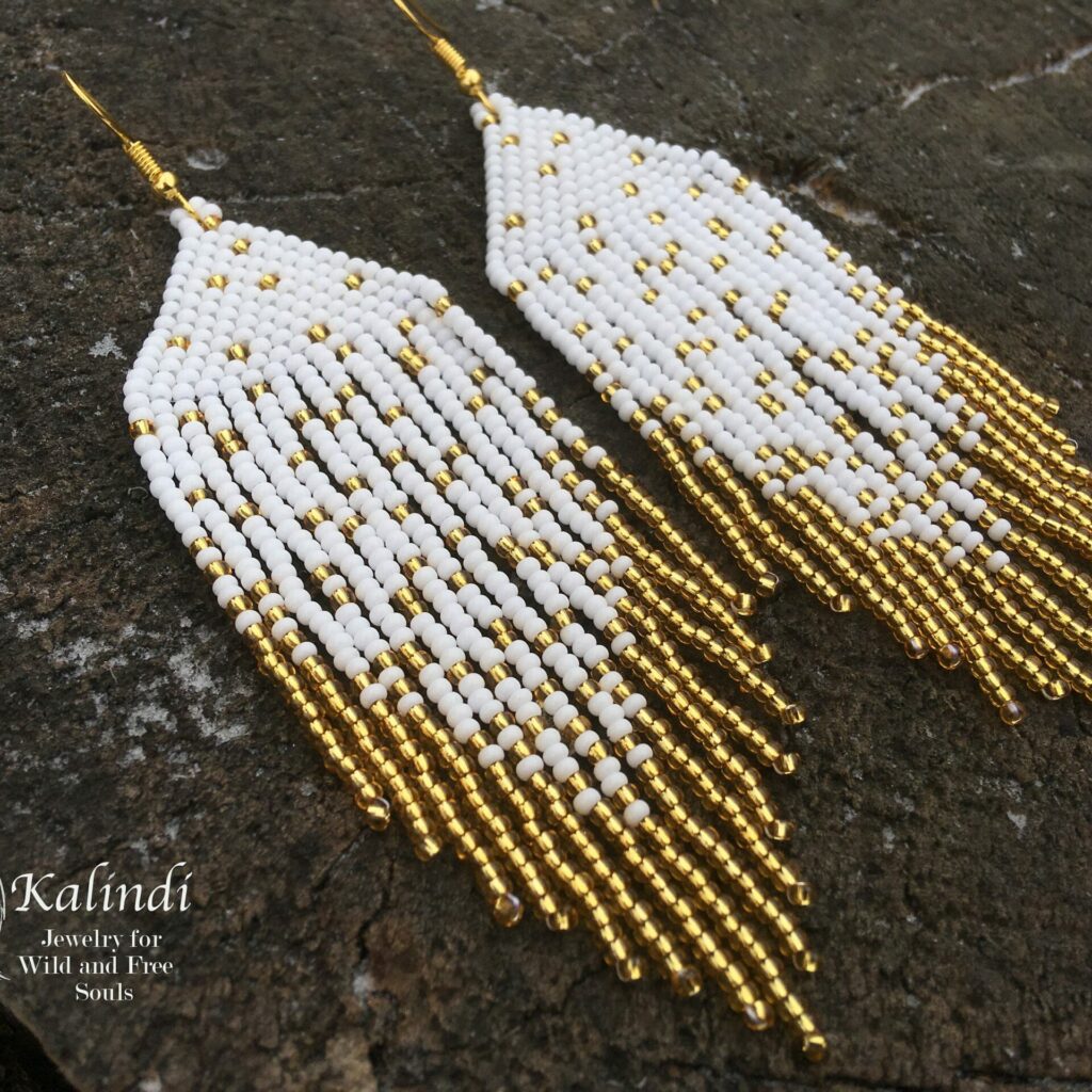 Handmade beaded earrings in white and gold