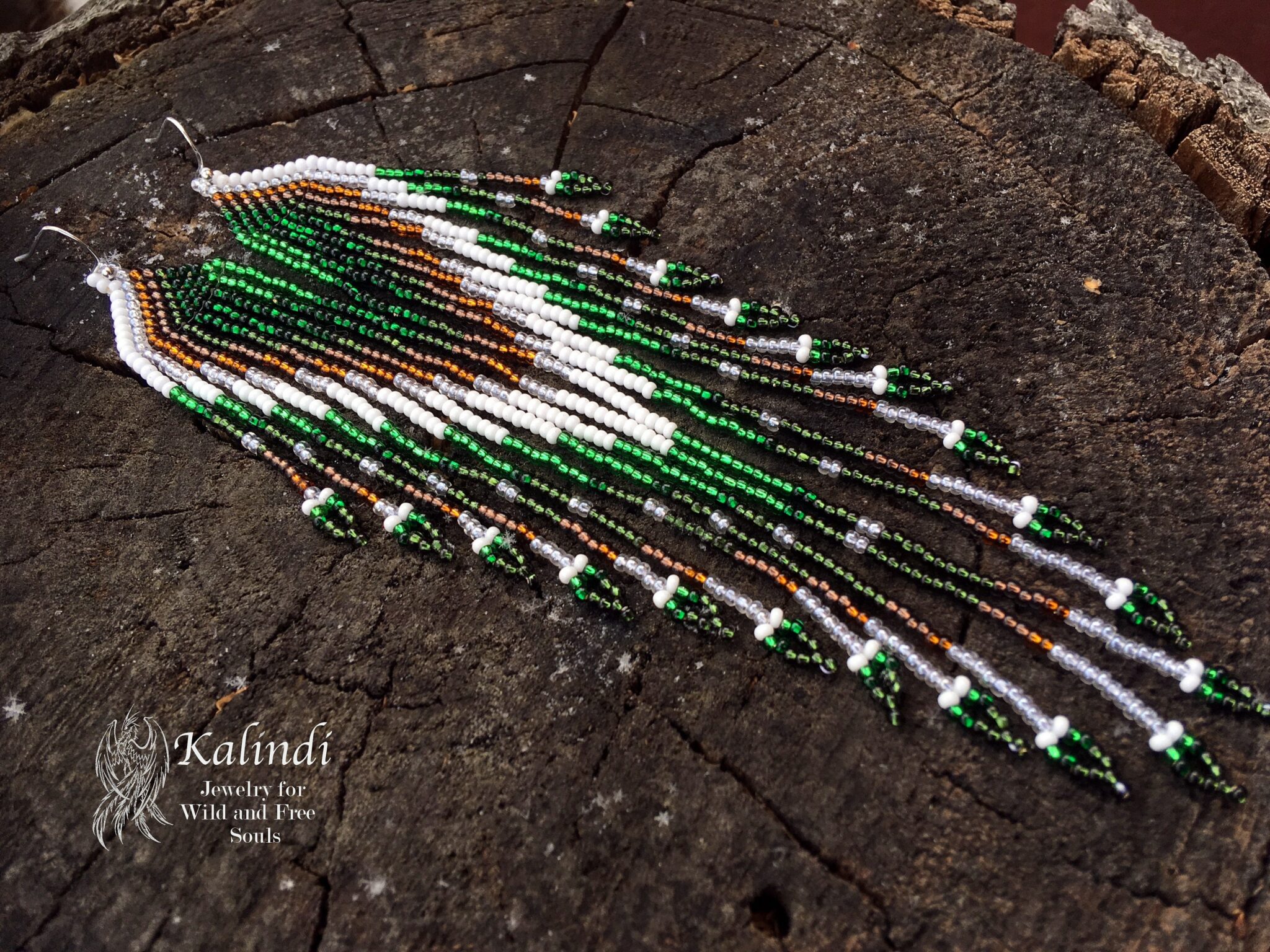 Handmade beaded earrings Green wings