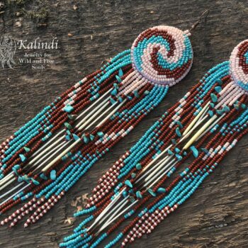 Long beaded earrings hand-embroidered with turquoise