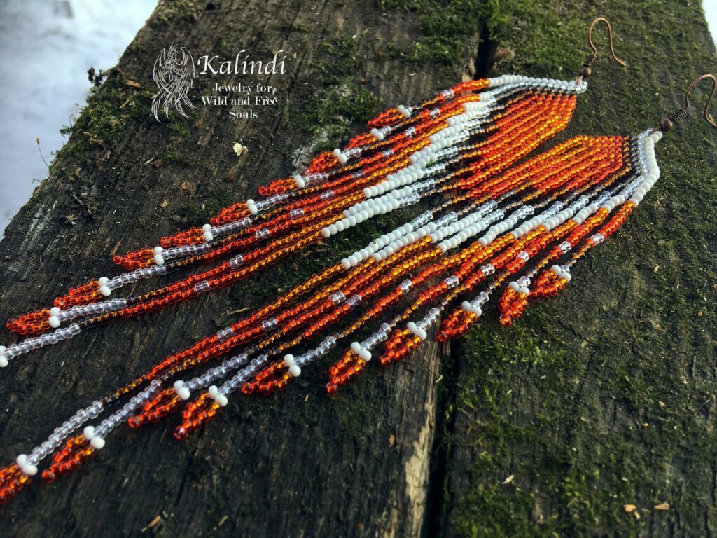 HANDMADE BEADED EARRINGS ORANGE WINGS