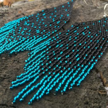 Handmade beaded Earrings in black and sea wave