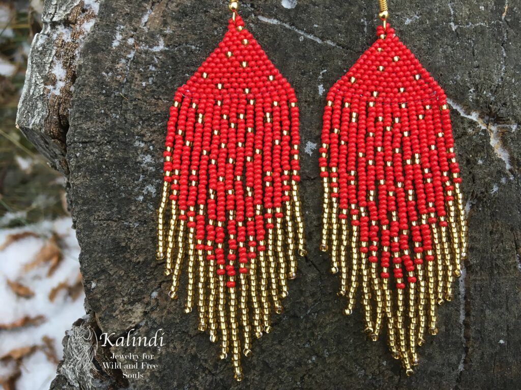 Red and gold handmade beaded earrings