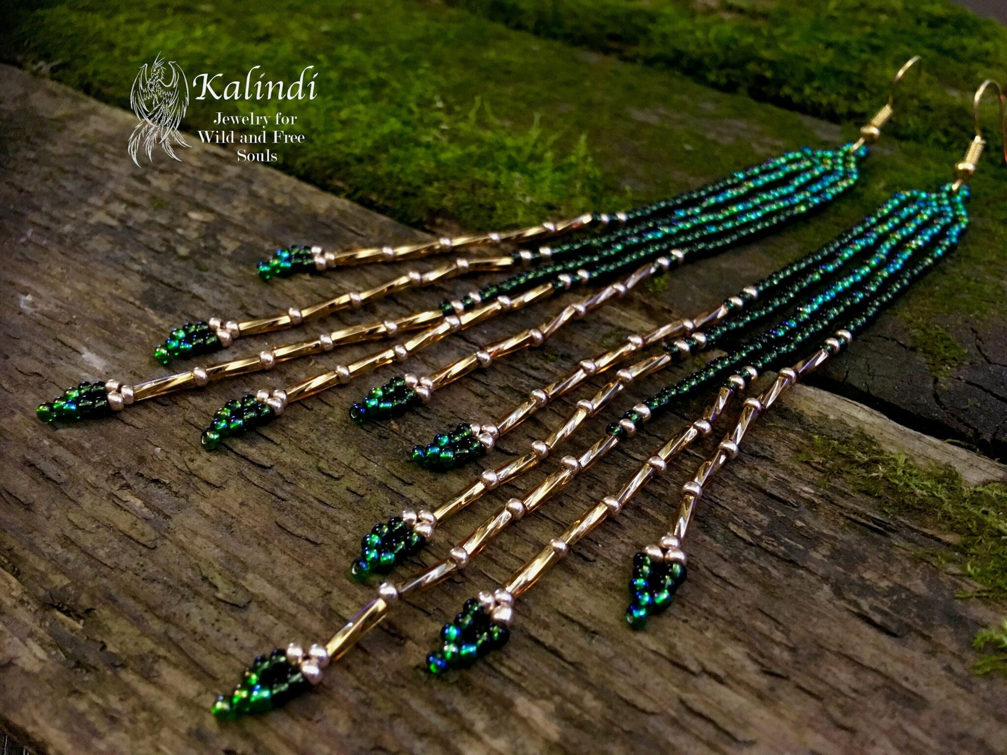 Long Green Handmade Beaded Earrings