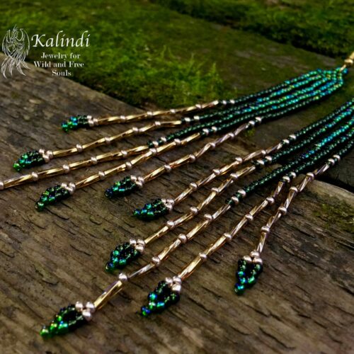 Long Green Handmade Beaded Earrings