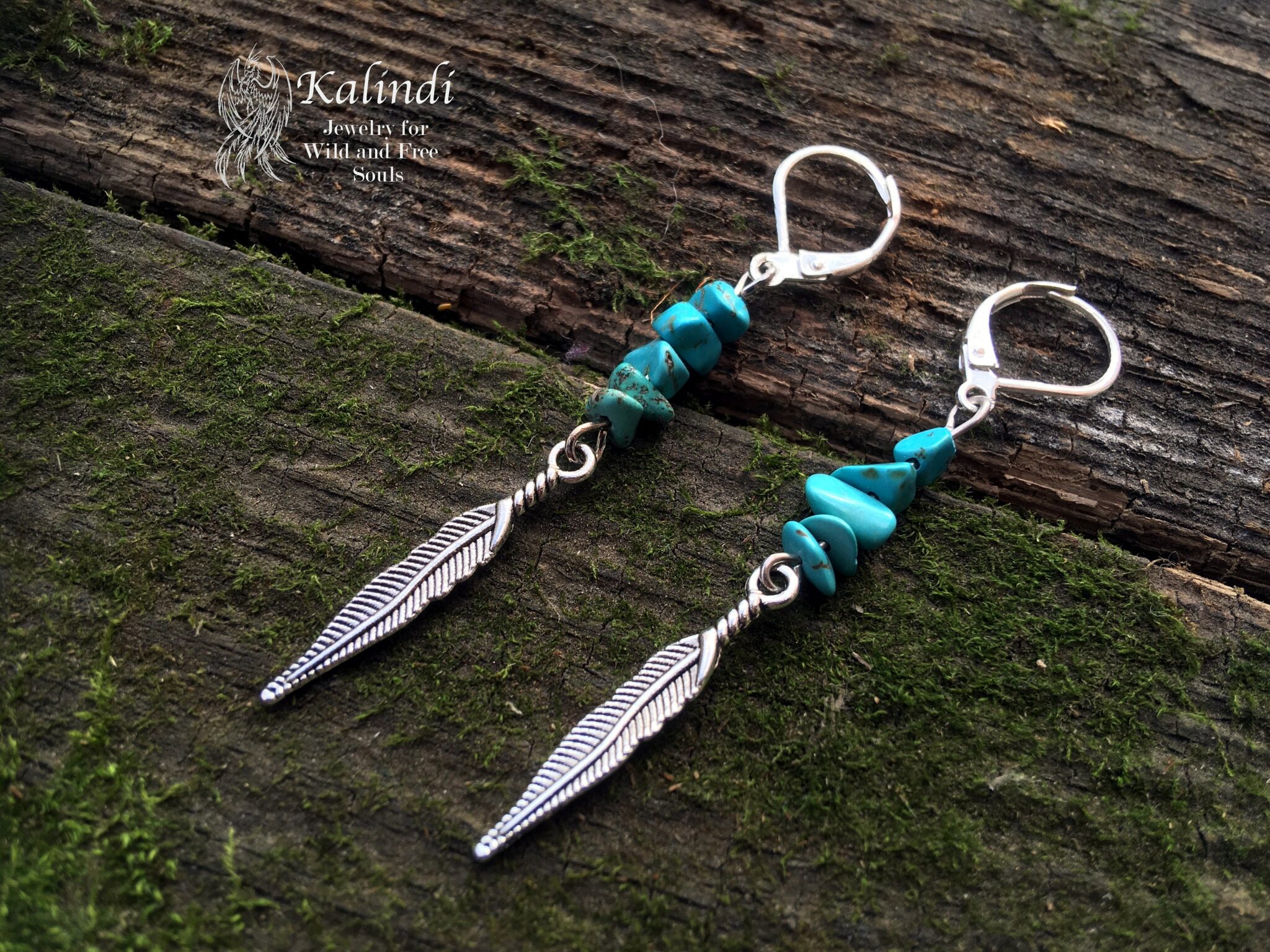 Handmade earrings with feather and turquoise