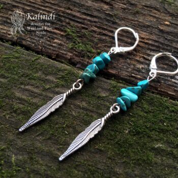 Handmade earrings with feather and turquoise