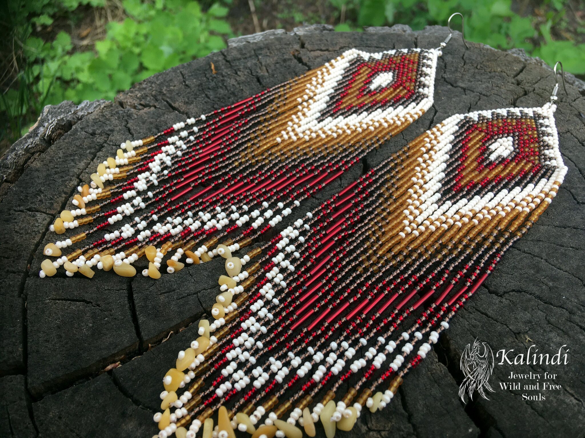 Long handmade beaded earrings with stones