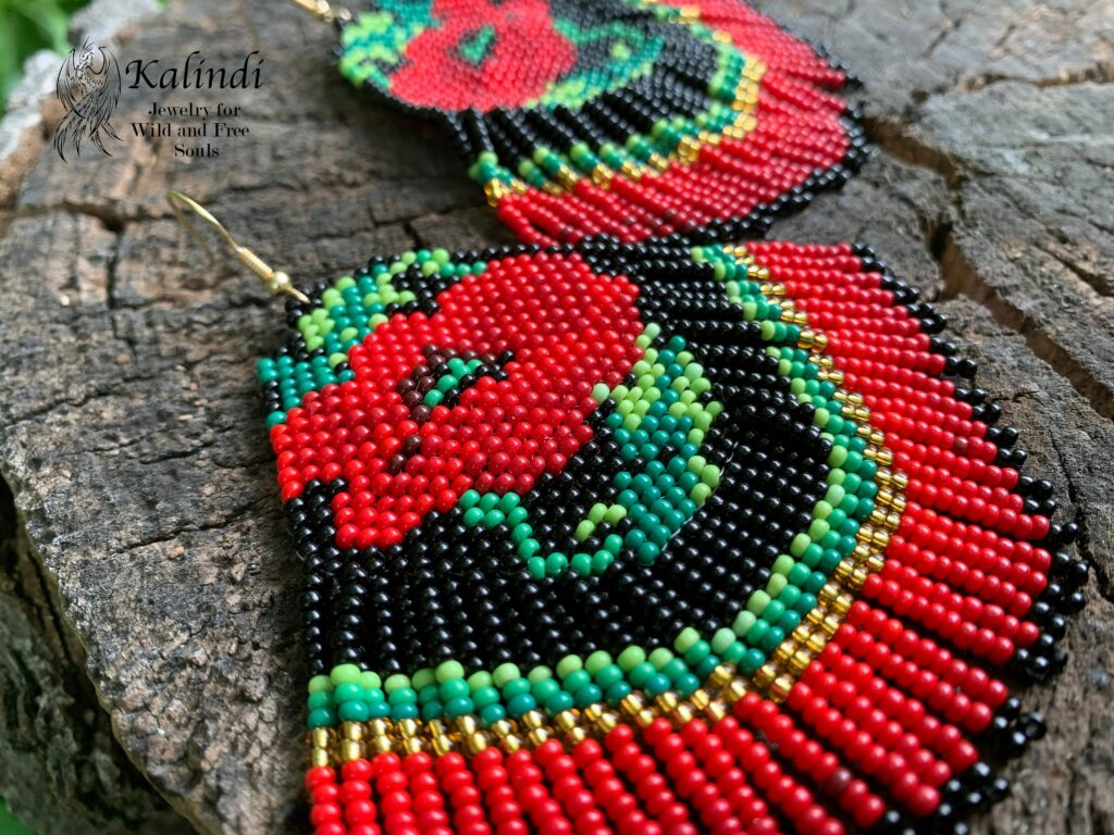 Bright ethnic beaded earrings with poppies "Carmen"