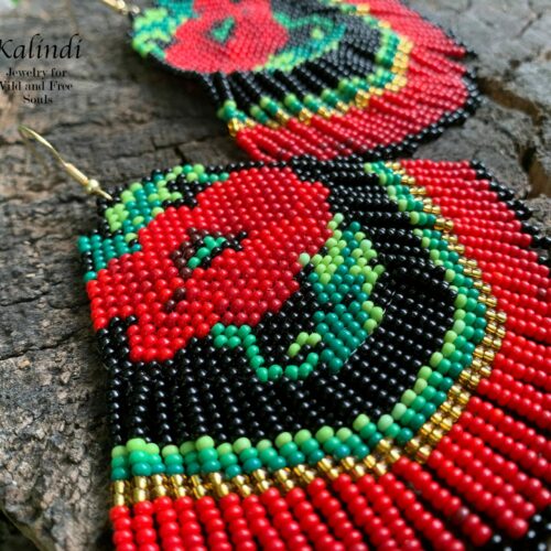 Bright ethnic beaded earrings with poppies "Carmen"