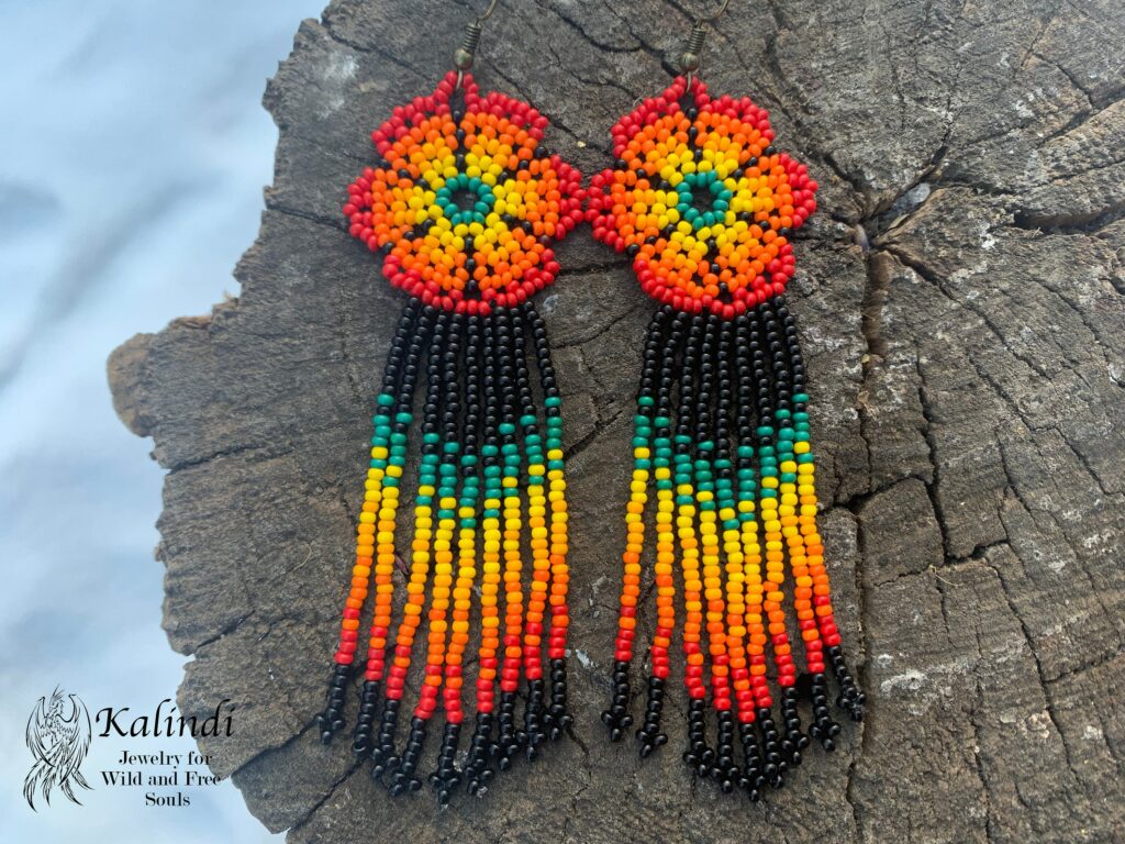 BEADED EARRINGS FLOWERS STYLE HUICHOL