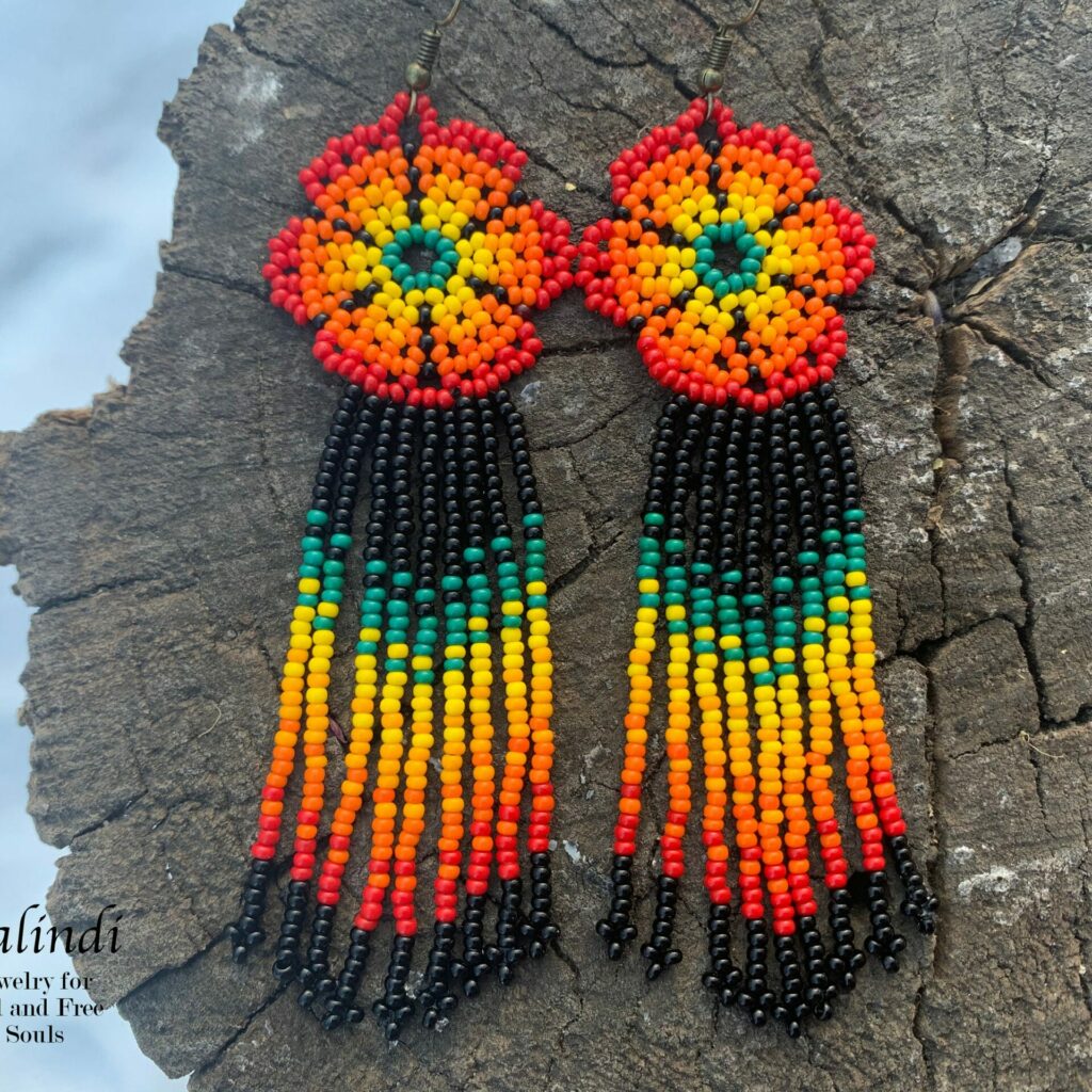 BEADED EARRINGS FLOWERS STYLE HUICHOL