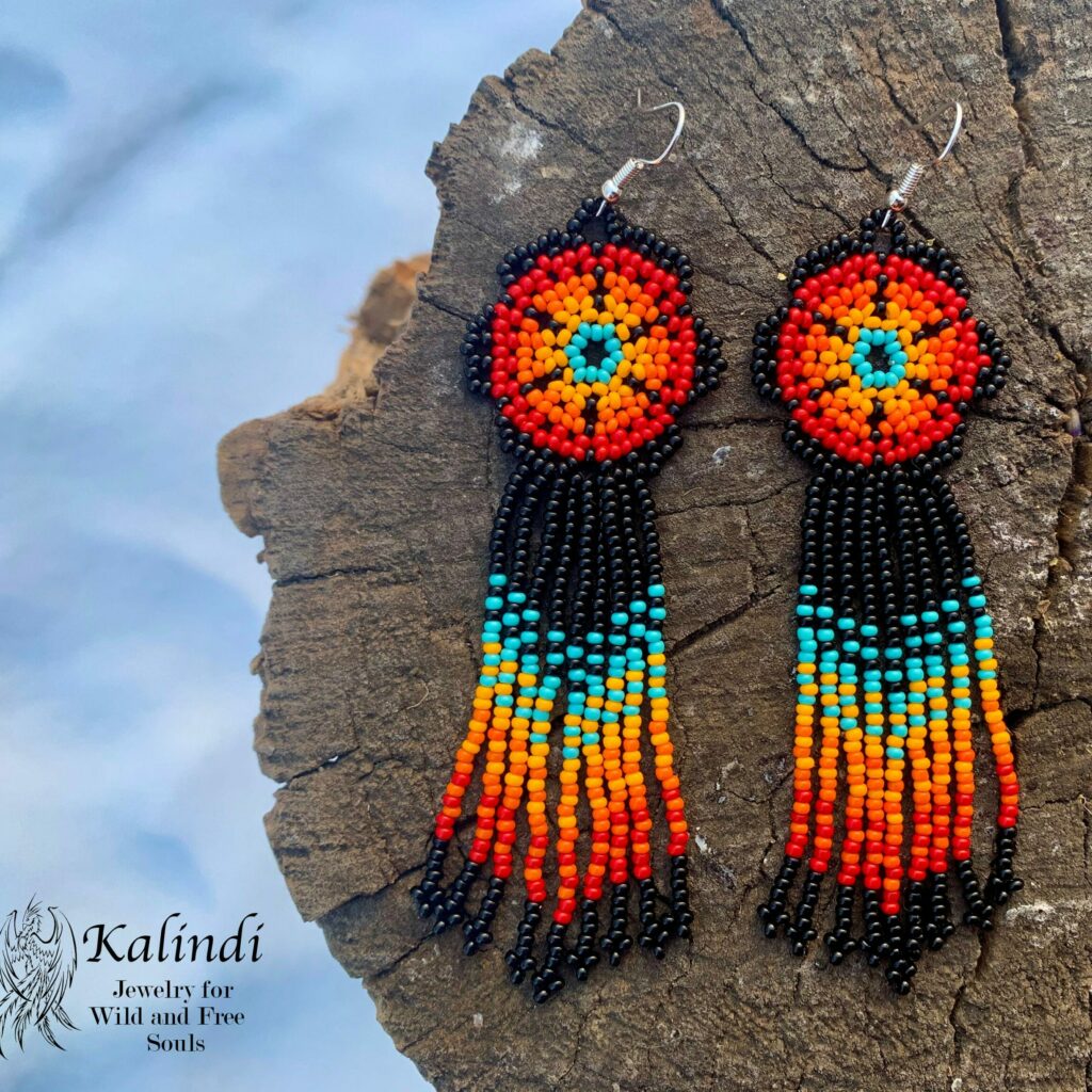 BEADED EARRINGS FLOWERS STYLE HUICHOL