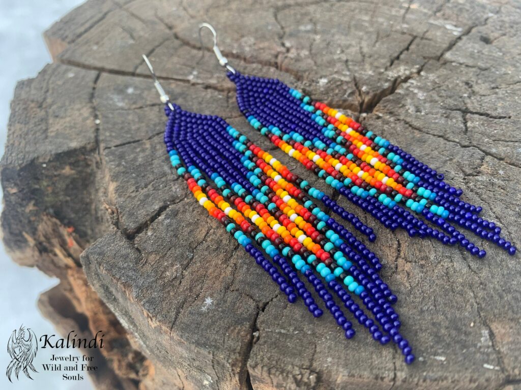 BLUE HANDMADE BEADED EARRINGS IN NATIVE AMERICAN STYLE