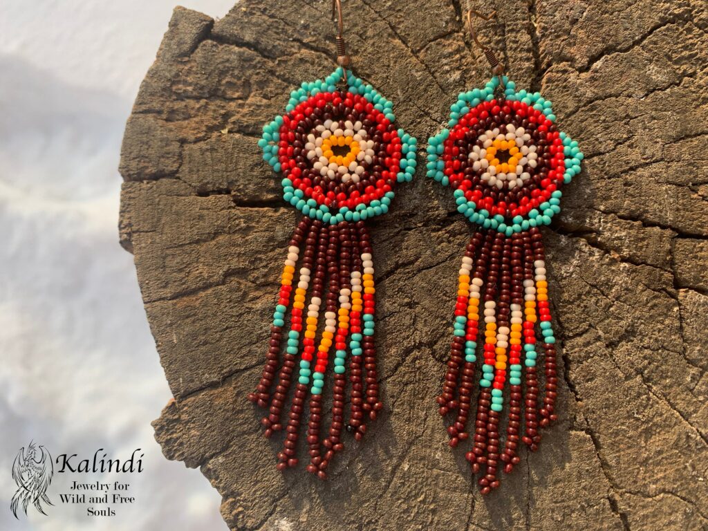 BEADED EARRINGS FLOWERS STYLE HUICHOL