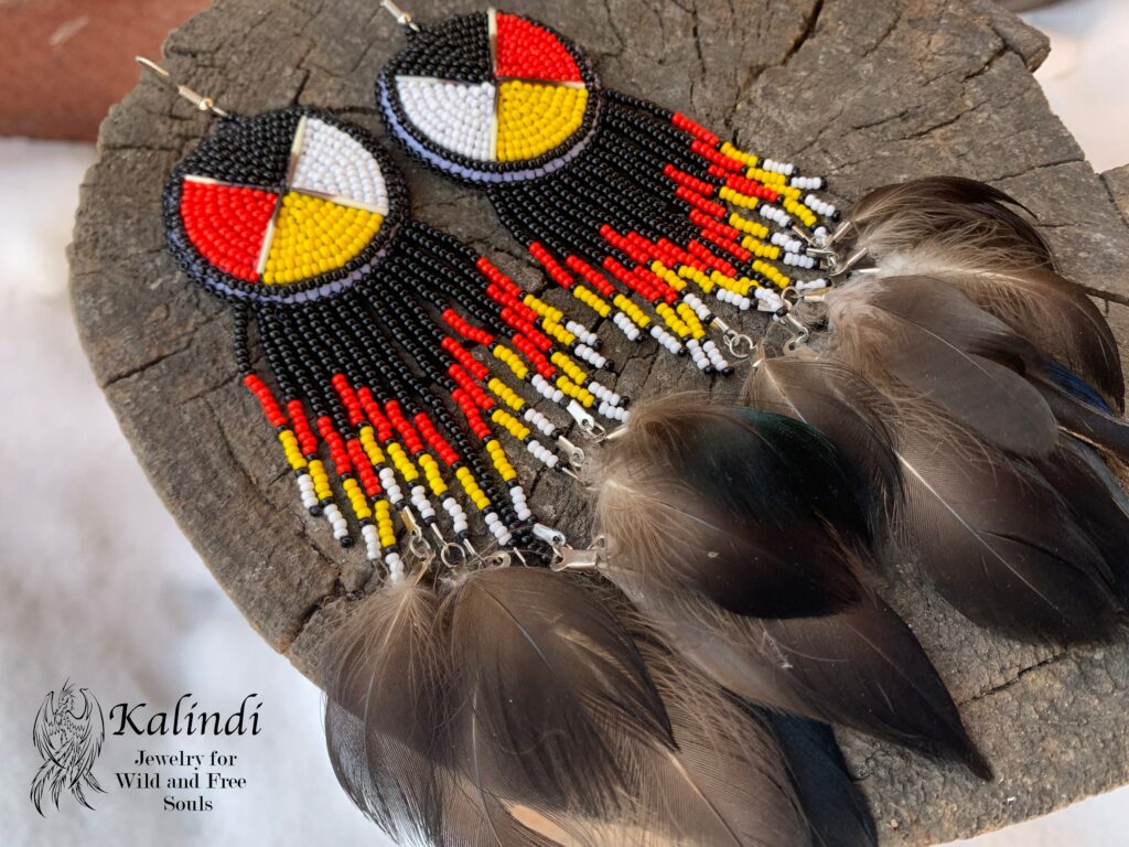 Earrings with handmade bead embroidery Medicine wheel