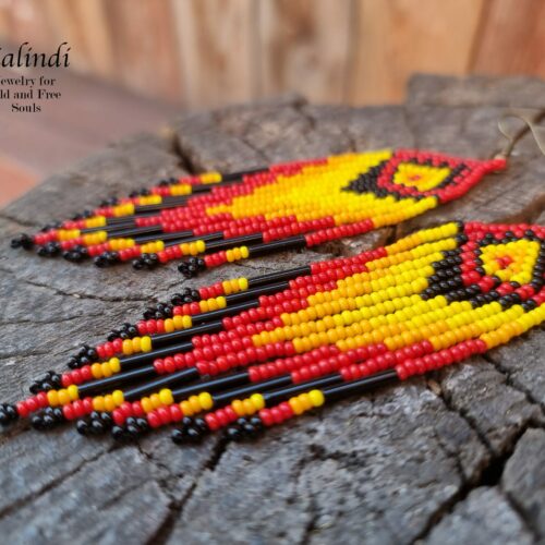 RED HANDMADE BEADED EARRINGS IN NATIVE AMERICAN STYLE