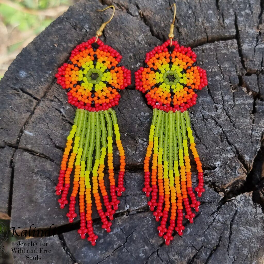 BEADED EARRINGS FLOWERS STYLE HUICHOL