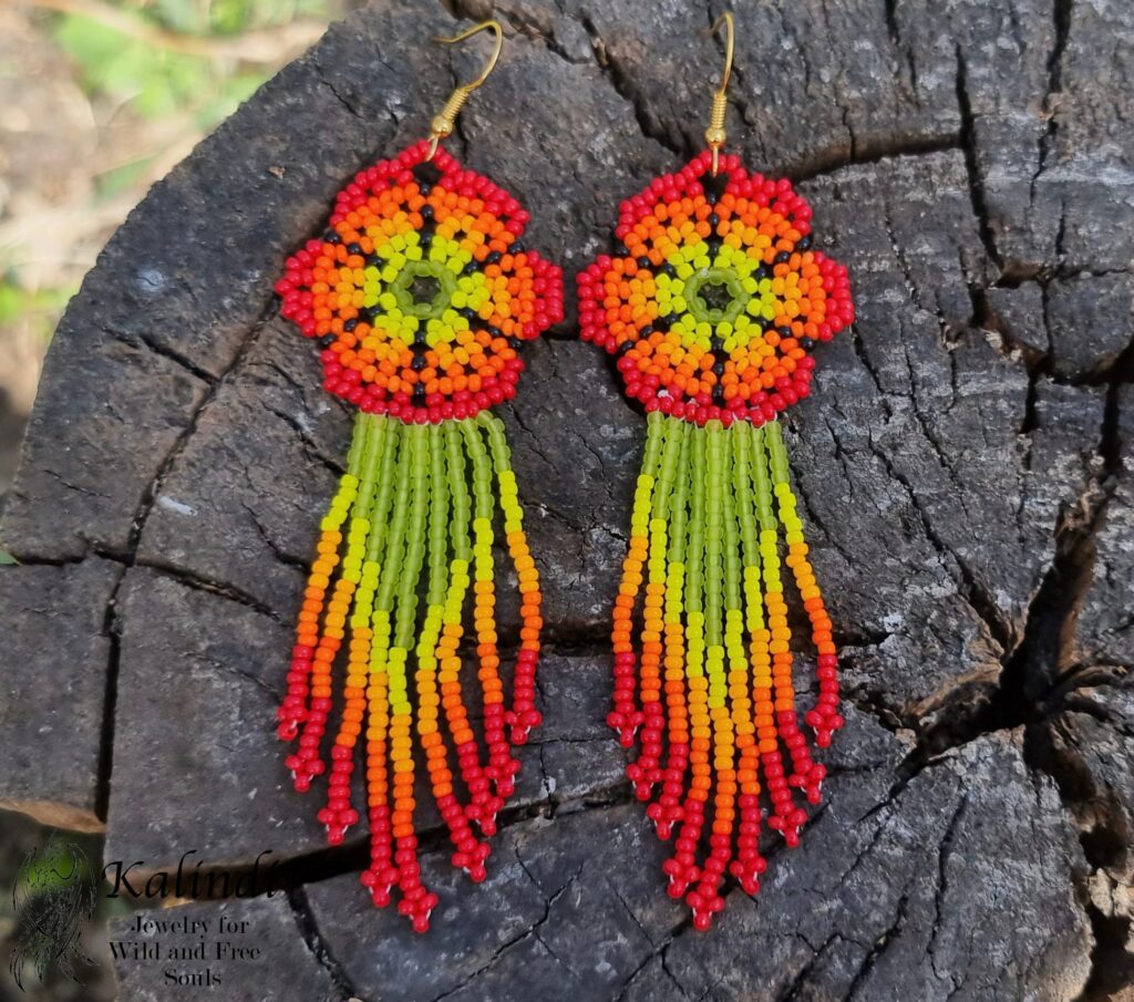 BEADED EARRINGS FLOWERS STYLE HUICHOL