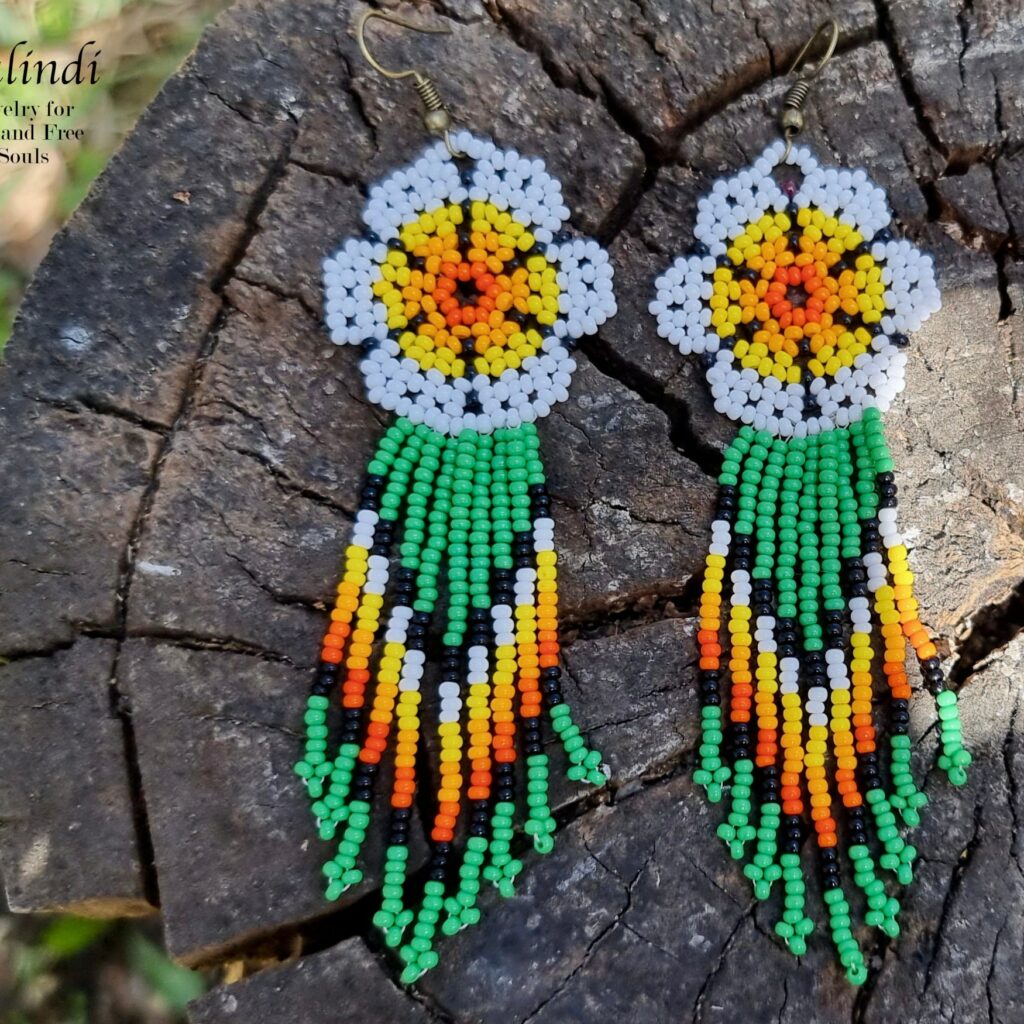 BEADED EARRINGS FLOWERS STYLE HUICHOL