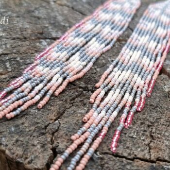 Long Pink Beaded Feather Earrings.