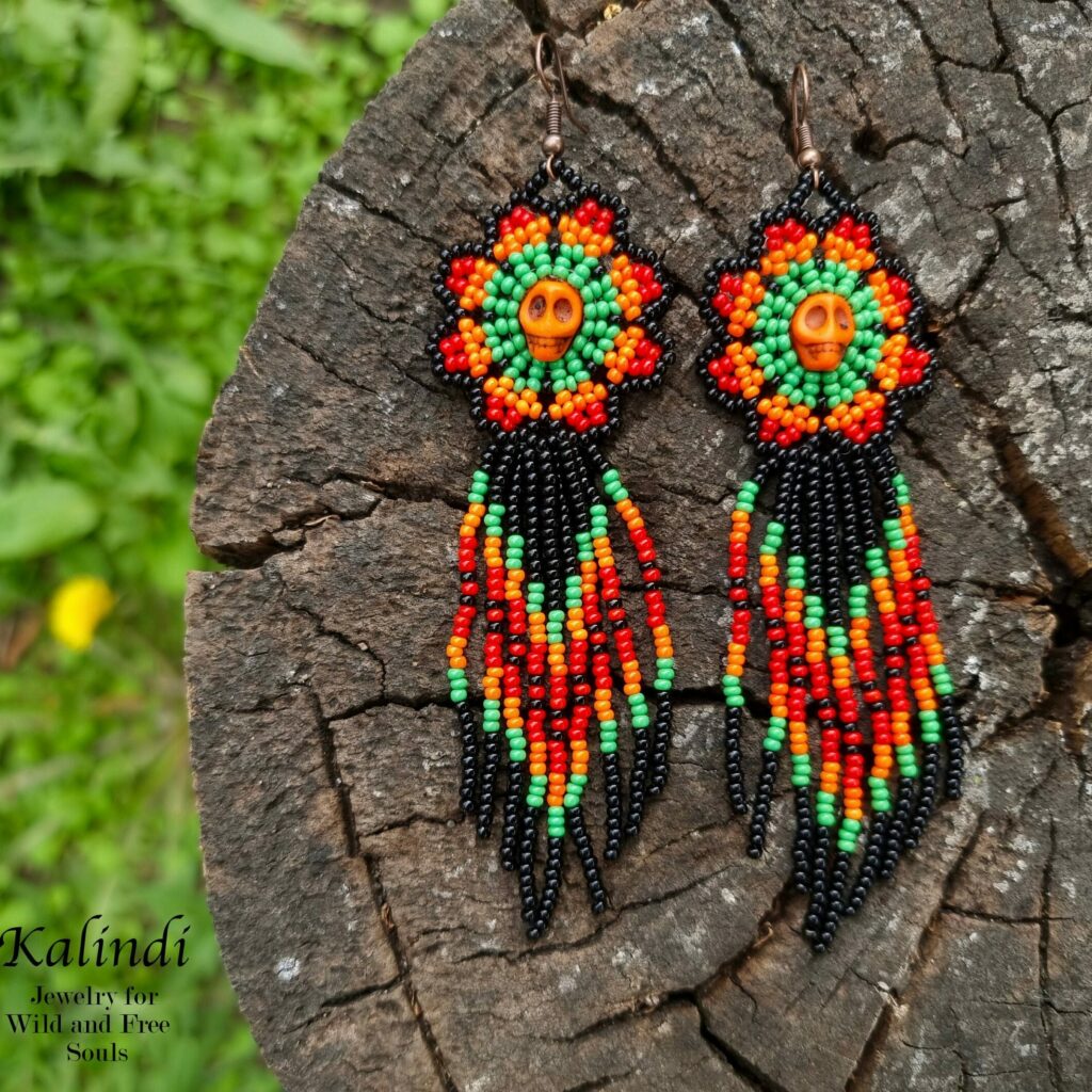 BEADED EARRINGS FLOWERS WITH SKULL STYLE HUICHOL