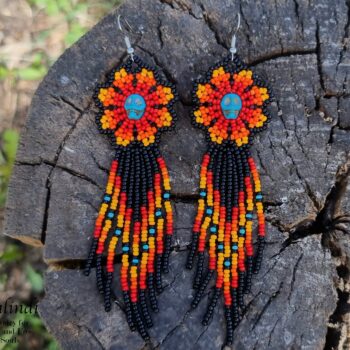 Beaded earrings flowers with skull style Huichol