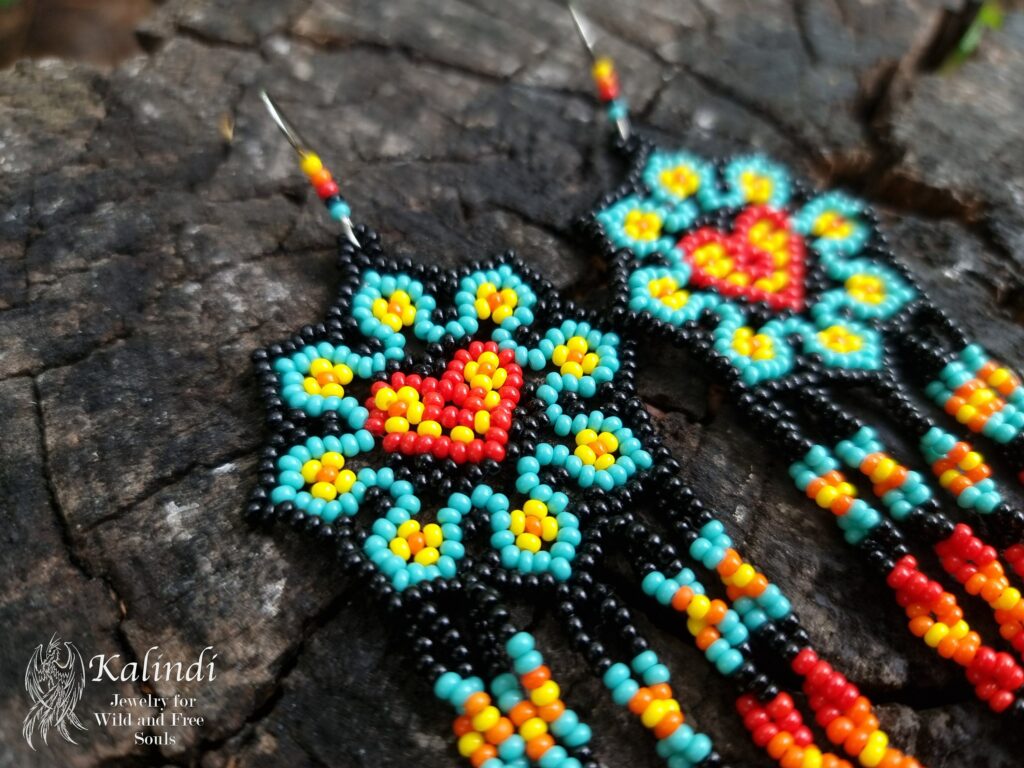 BEADED EARRINGS IN MEXICAN HUICHOL STYLE