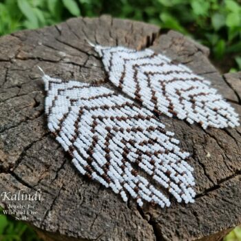 LONG WHITE BEADED EARRINGS FEATHER