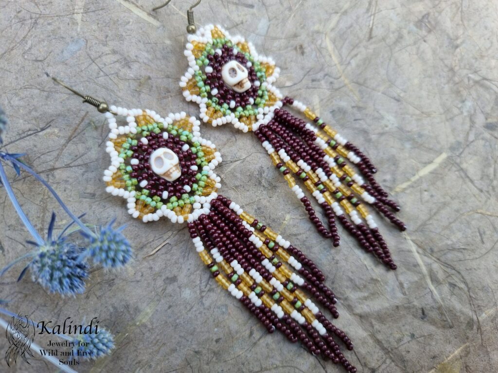 BEADED EARRINGS FLOWERS WITH SKULL STYLE HUICHOL