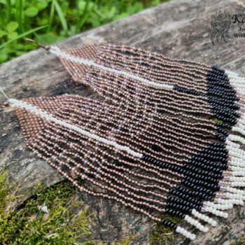 LONG WHITE BEADED EARRINGS FEATHER