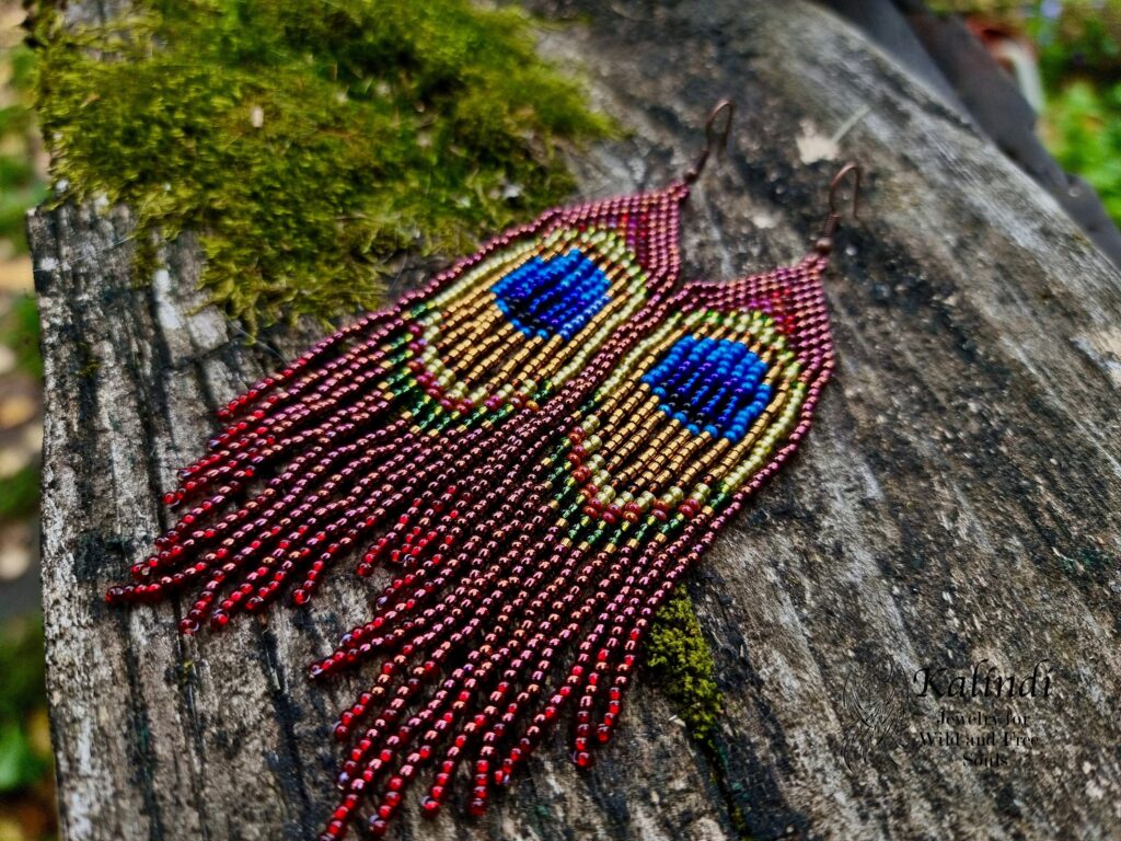 HANDMADE BORDEAUX PEACOCK BEADED EARRINGS