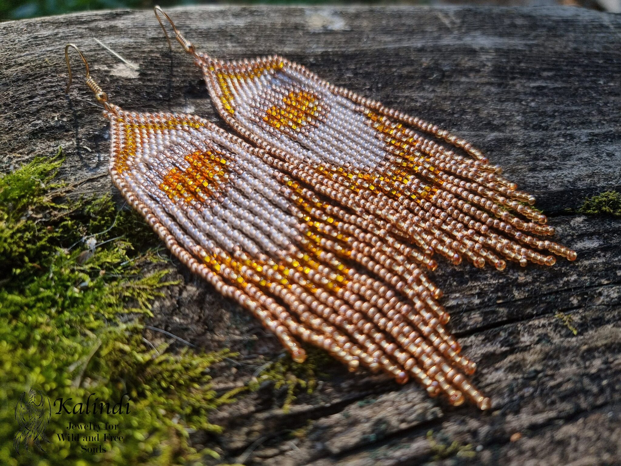 Handmade Golden Peacock Beaded Earrings