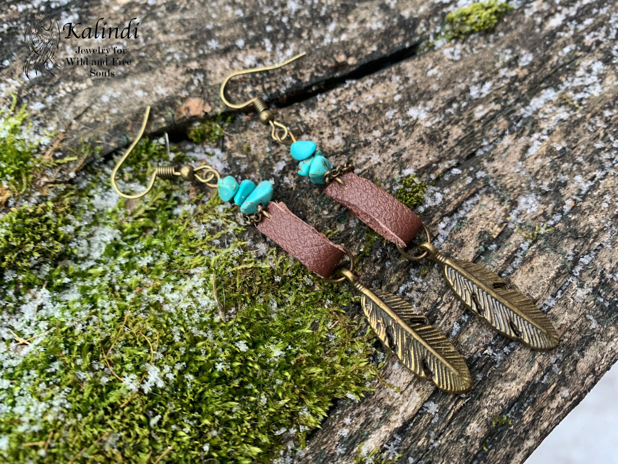 Ethnic earrings with turquoise and feather