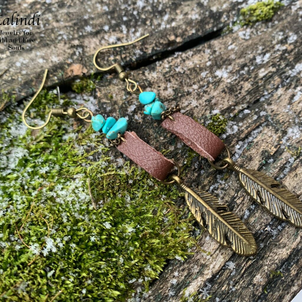 Ethnic earrings with turquoise and feather