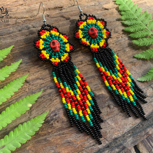 BEADED EARRINGS FLOWERS WITH SKULL STYLE HUICHOL