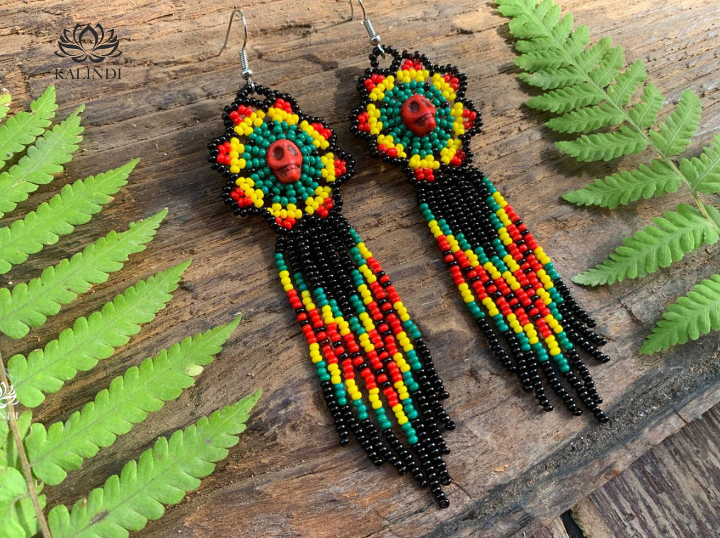 BEADED EARRINGS FLOWERS WITH SKULL STYLE HUICHOL