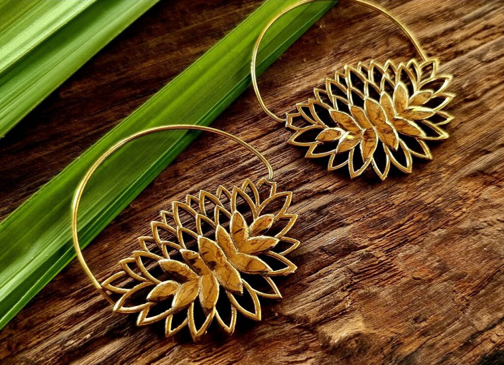 Indian brass earrings, boho earrings, lotus earrings