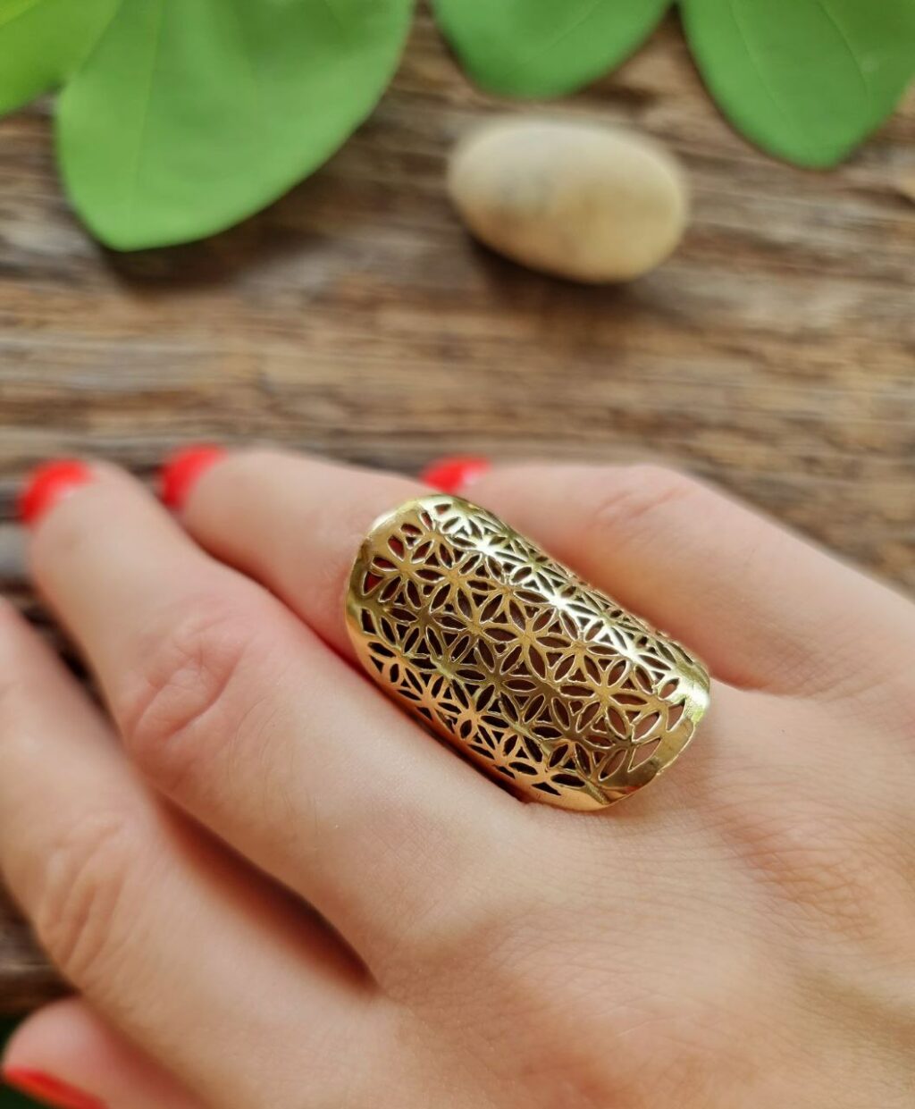 handmade boho-style Flower of Life amulet ring from India