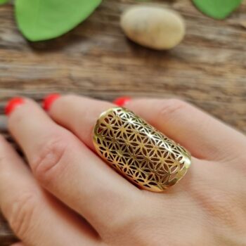 handmade boho-style Flower of Life amulet ring from India