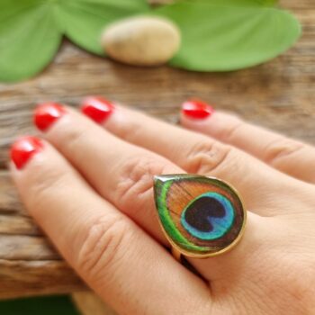 handmade boho-style peacock feather ring from India