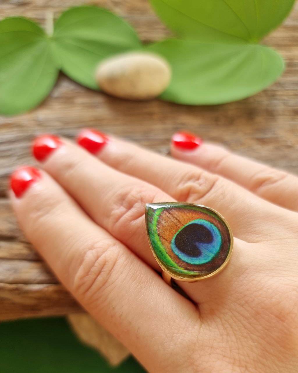 handmade boho-style peacock feather ring from India