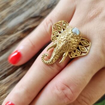 handmade boho-style elephant with a moonstone head ring from India